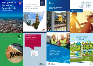 A selection of 8 brightly coloured report covers representing projects that the editing team has worked on.