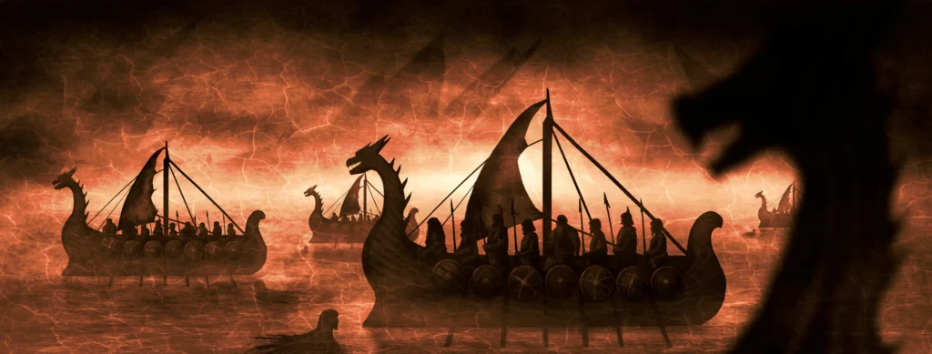 Viking ships with dragon motifs and oarsmen with heavy shields in sepia-toned scene