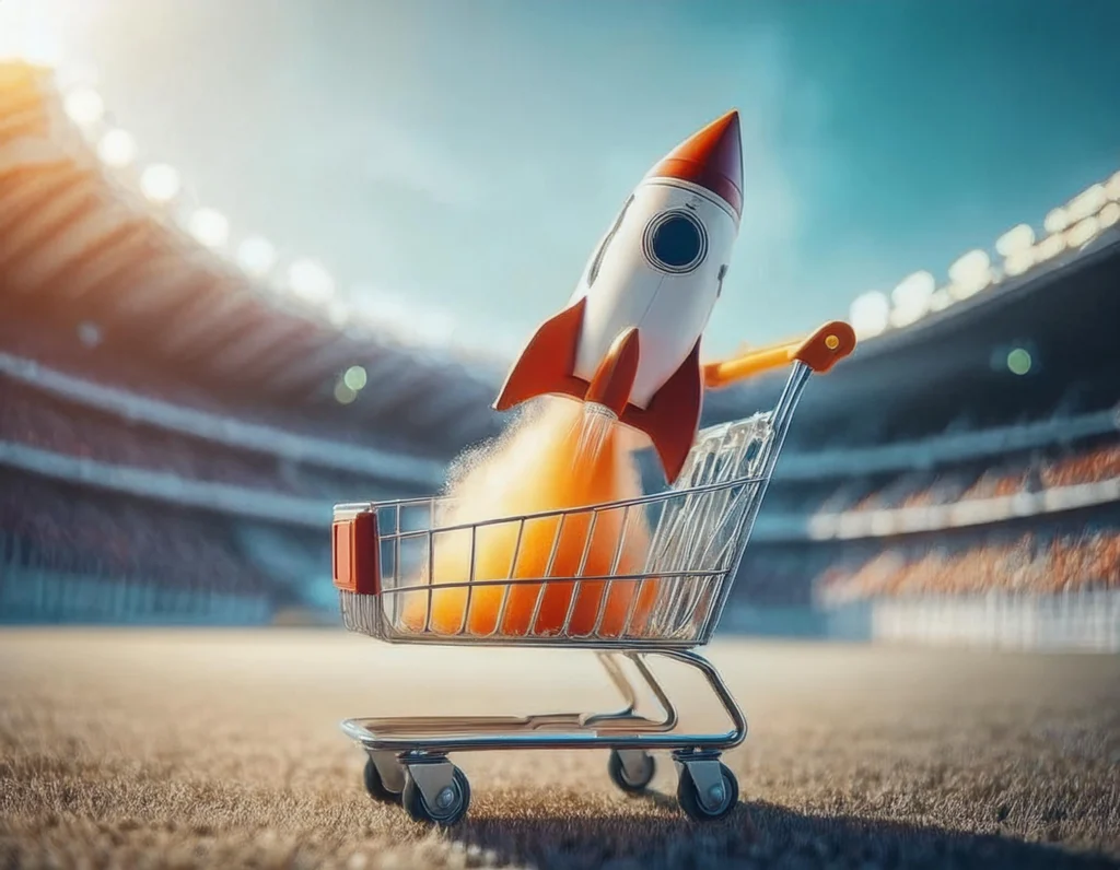 A rocket blasts off from a supermarket trolley. The rocket and trolley are in a music stadium.